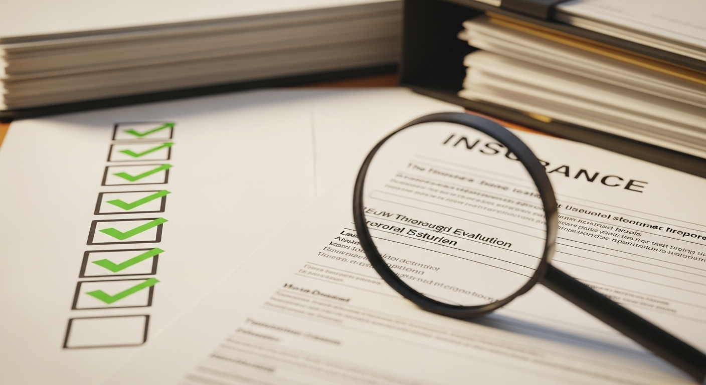 Checkliste mit grünen Häkchen - Lupe untersucht Versicherungsdokumente, organisierte Unterlagen